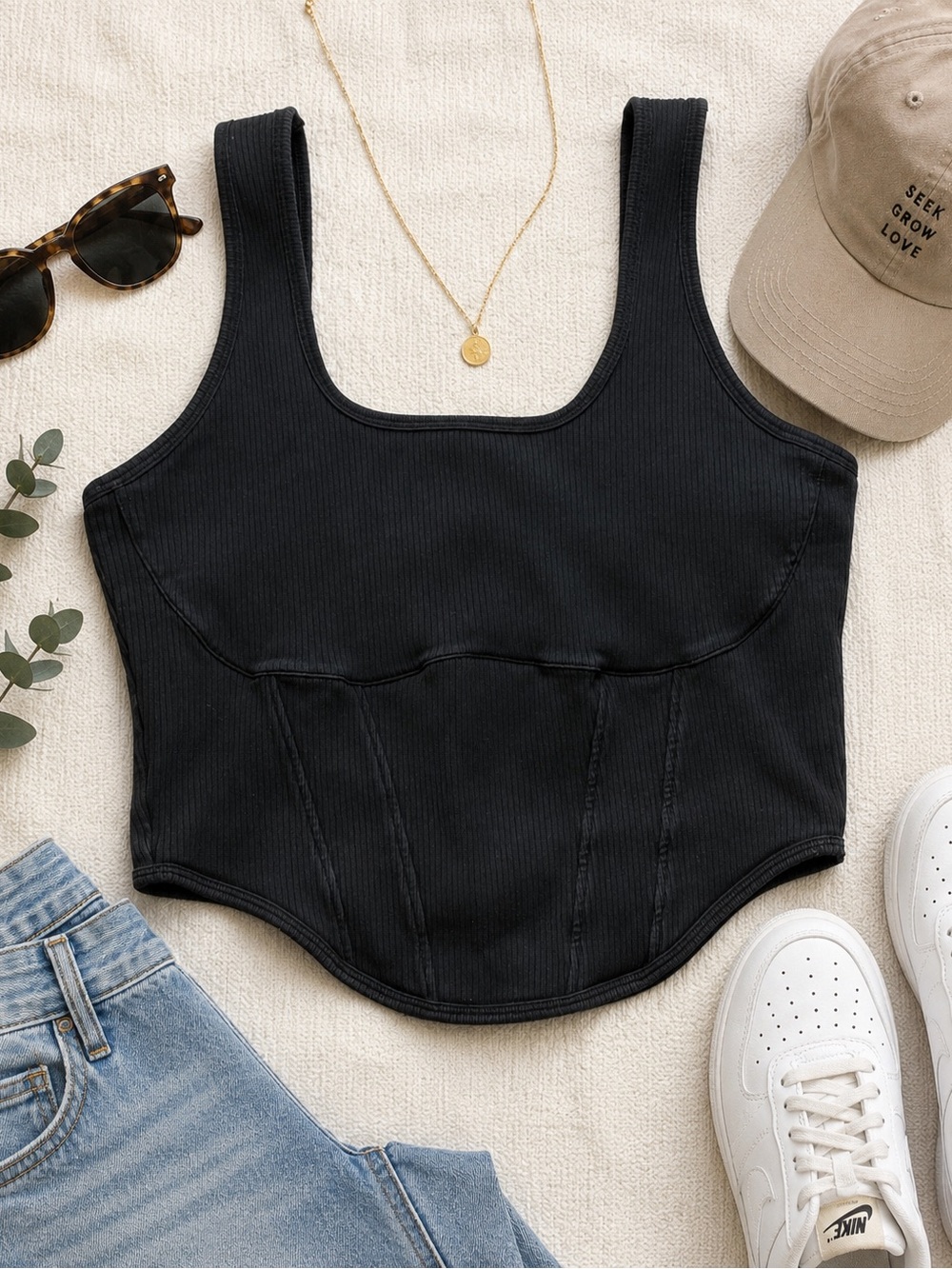 Victoria’s Secret PINK XXL Black Ribbed Corset Tank Top Y2K Fitted Scoop Neck